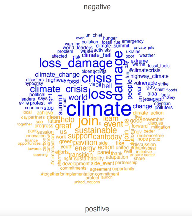 Figure 4: sentiment comparison cloud, orange (positive) vs blue (negative)