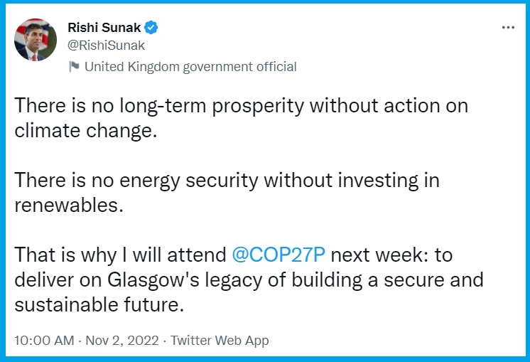 Rishi Sunak tweets that he will attend COP27.