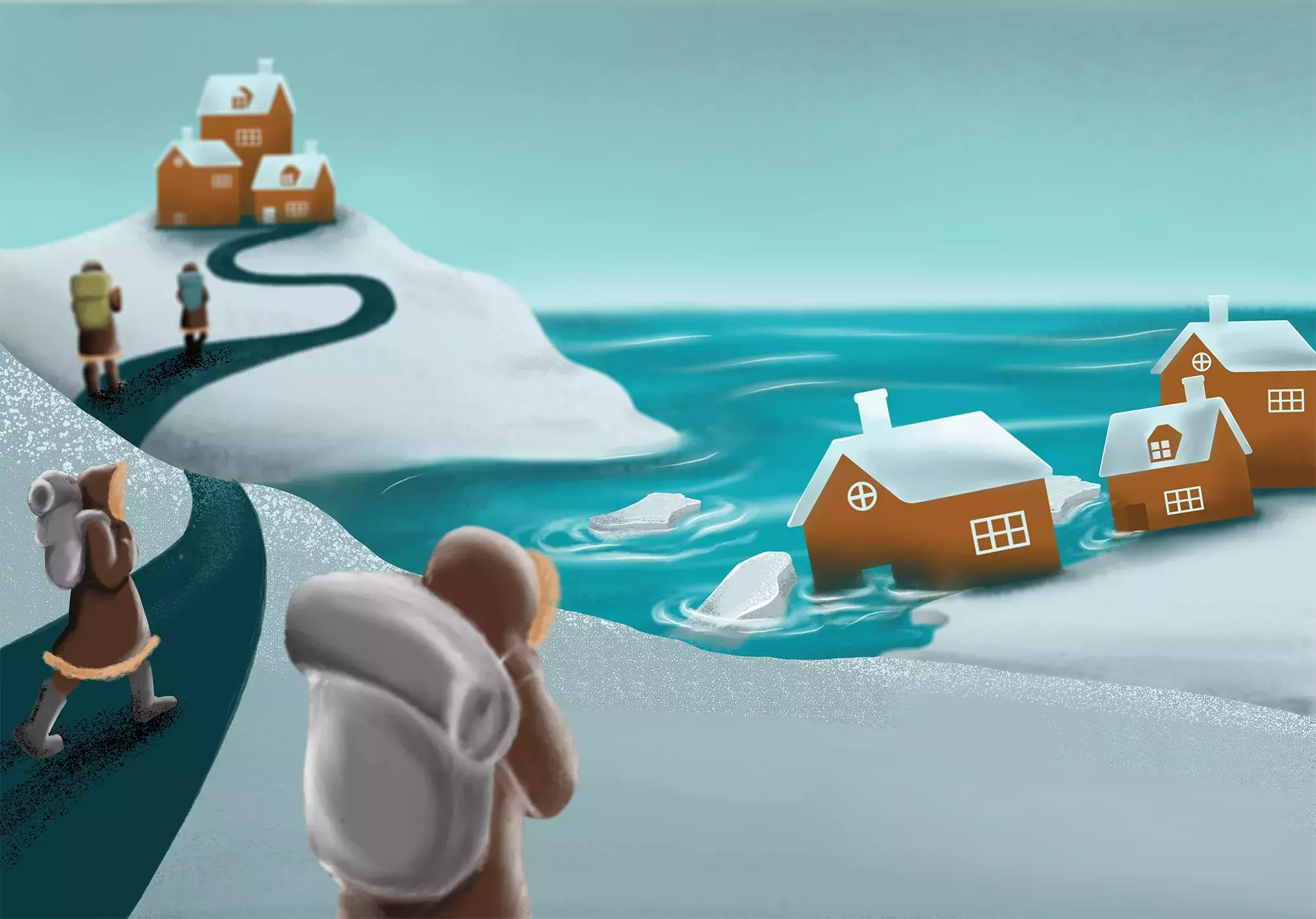 image of a village slipping to the ocean as ice retreats leaving no ground, as well as people moving to higher ground
