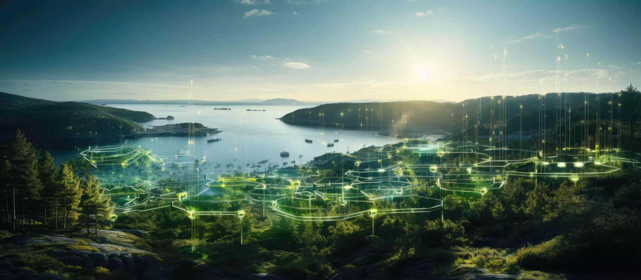 Aerial drone footage of wind turbines in a forest near the sea Green energy park with augmented reality shows online connectivity