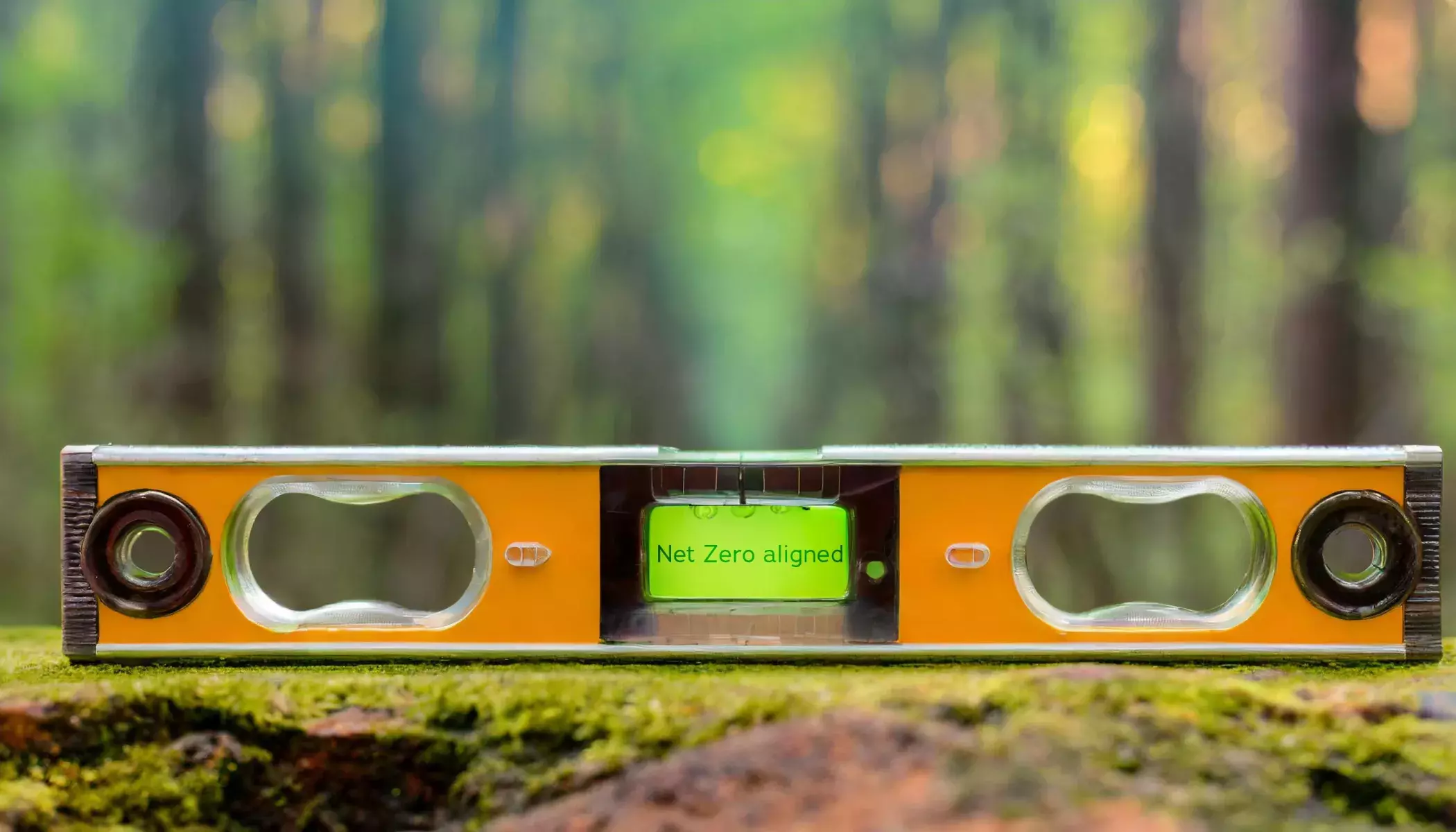image of a spirit level on a forest trunk with the words net zero aligned 